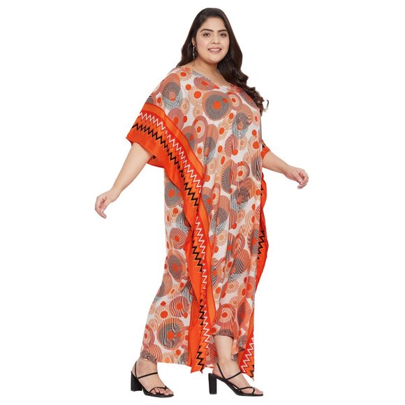 Women Plus Size Fit and Flare Floral Printed Orange Kaftan Dress by Gypsie Blu - Picture 5 of 9